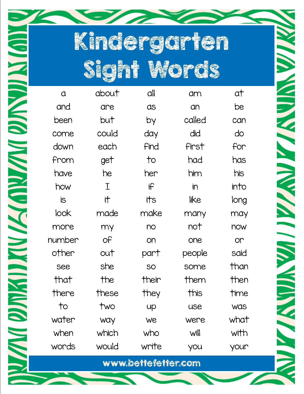 Kindergarten Worksheets Words