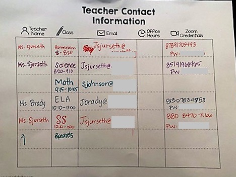 teacher contact, printables, distance learning tools