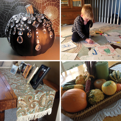Pumpkins, drawing, and framed pictures during fall