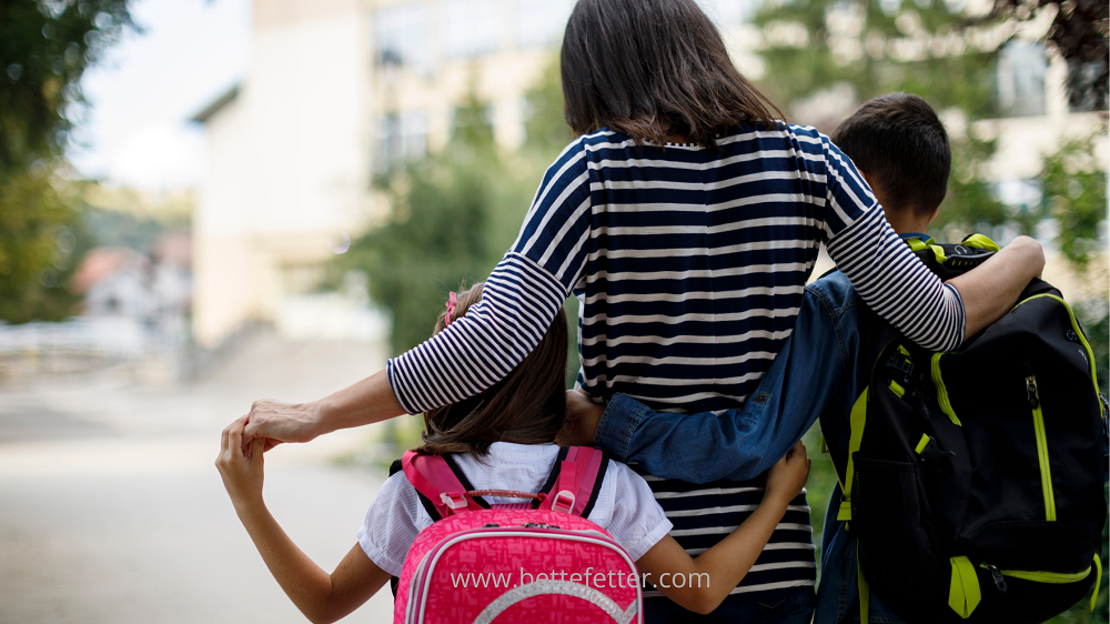 back to school, mom with kids, kids with backpacks, back to school family